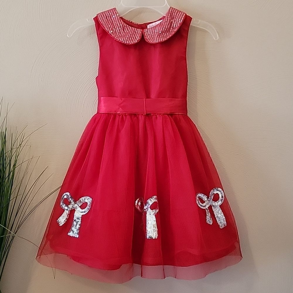 SOPHIA GRACE & ROSIE RED SLEEVES DRESS WITH SEQUINED SILVER BOWS ON SKIRT, SZ 6